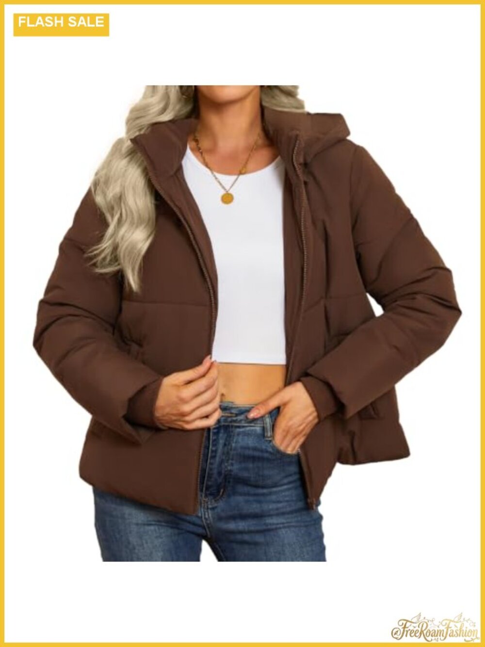 Women's Cropped Puffer Jacket 100% Polyester Winter Warm Coat with Pockets
